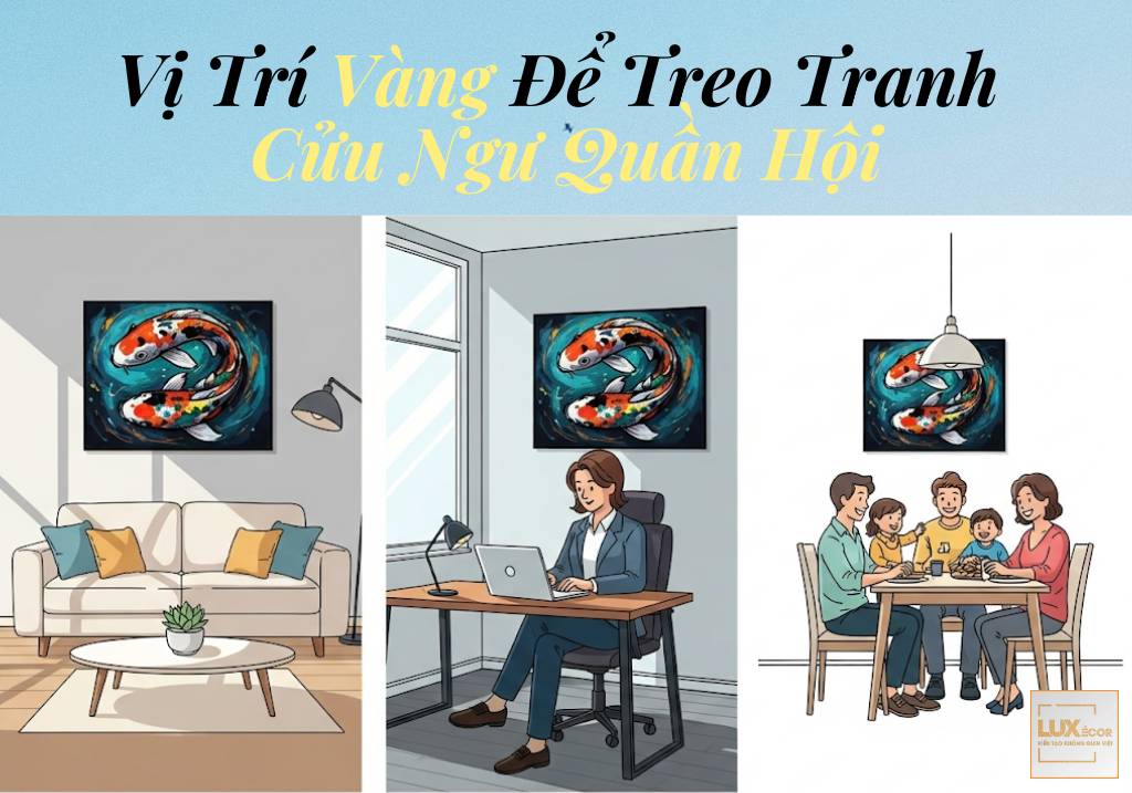 Hình minh họa ba vị trí treo tranh cá chép ở nhà.