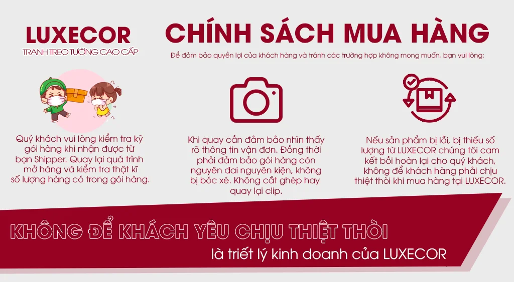 Chính sách mua hàng và cam kết bảo vệ quyền lợi khách hàng của LUXECOR: kiểm tra hàng khi nhận, quay clip mở hộp, lỗi thiếu hoàn tiền đổi mới