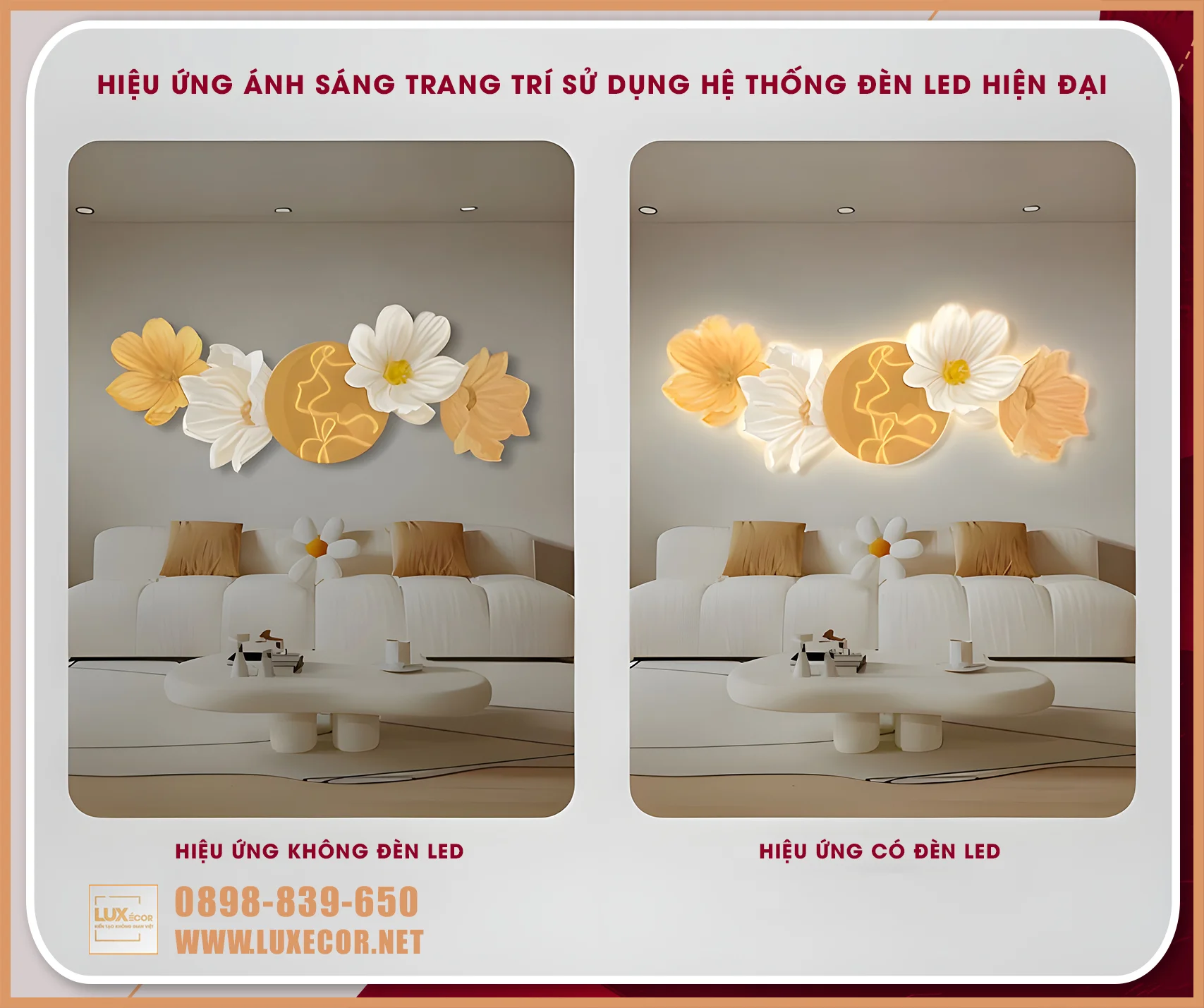 So sánh hiệu ứng ánh sáng: bức tranh khi không bật đèn LED và khi bật đèn LED, ánh sáng hắt tạo chiều sâu và điểm nhấn