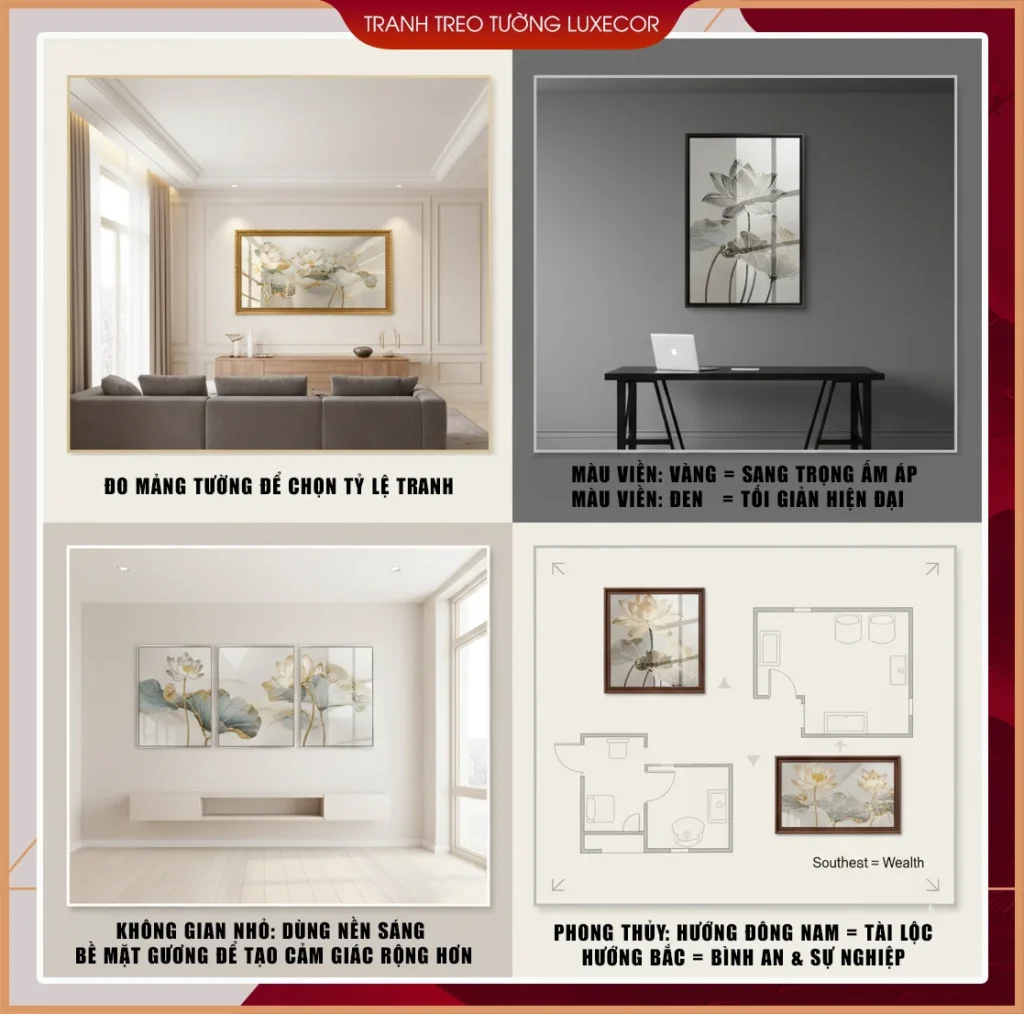 Infographic hướng dẫn chọn tranh tráng gương Luxecor: đo mảng tường chọn tỷ lệ tranh ngang/dọc/ghép bộ, phối màu viền Gold ấm sang hoặc Đen tối giản hiện đại, gợi ý phòng nhỏ dùng nền sáng và bề mặt gương để nới rộng thị giác, phong thủy treo tranh hướng Đông Nam tài lộc và hướng Bắc bình an sự nghiệp