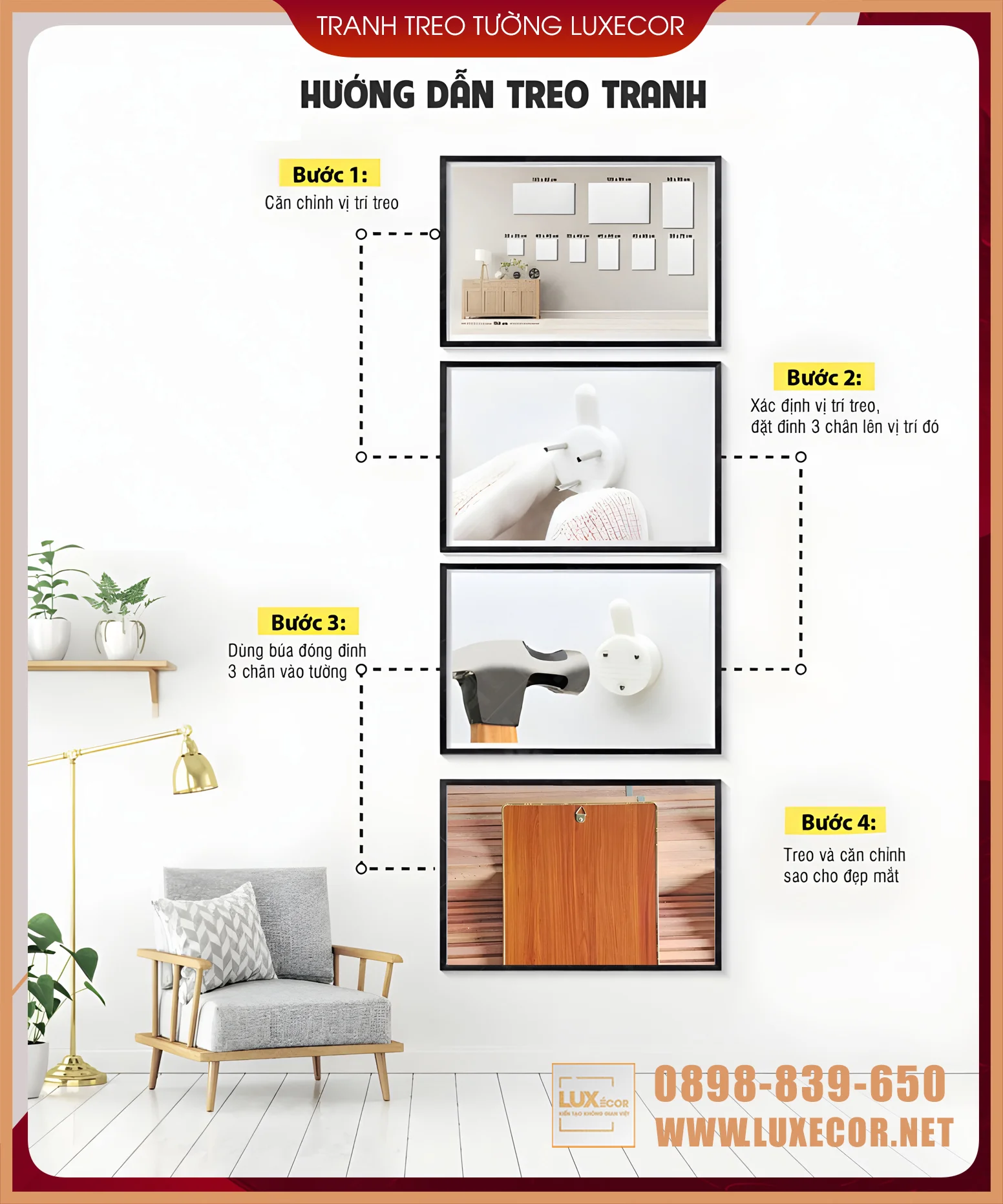 Hướng Dẫn Treo Tranh Tráng Gương Luxecor - Lắp Đặt Đơn Giản Tại Nhà Infographic hướng dẫn treo tranh tráng gương Luxecor từng bước: căn chỉnh, đóng đinh, cố định và cân chỉnh đẹp mắt