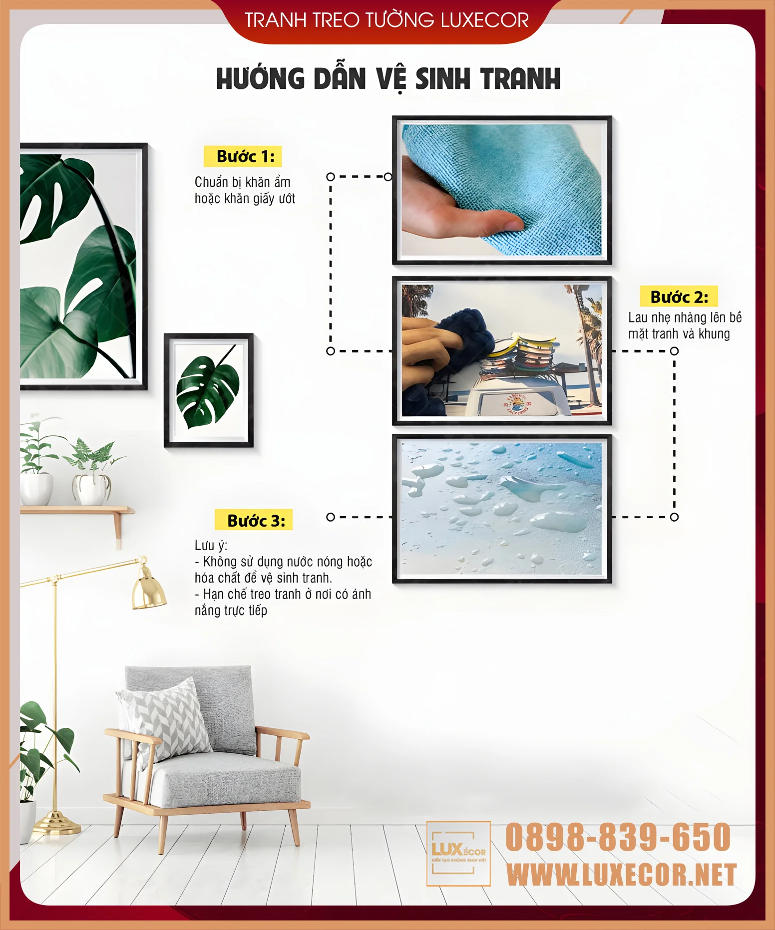 Hướng Dẫn Vệ Sinh Tranh Tráng Gương Luxecor - Bí Quyết Giữ Tranh Luôn Bền Đẹp Infographic hướng dẫn vệ sinh tranh tráng gương Luxecor với các bước lau chùi đúng cách giúp giữ tranh luôn sáng bóng và bền đẹp
