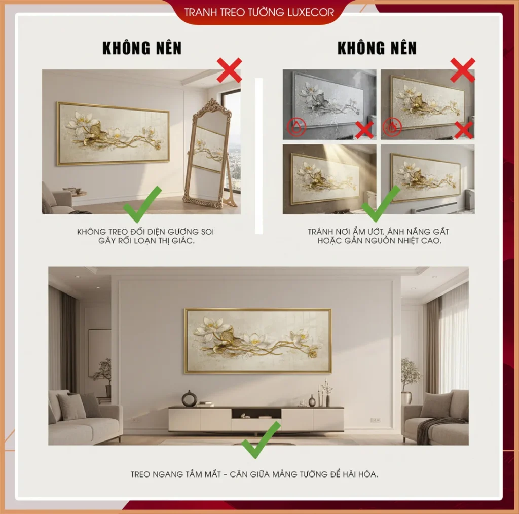 Hướng dẫn kiêng kỵ khi treo tranh tráng gương Luxecor – không treo đối diện gương soi, tránh nơi ẩm ướt, ánh nắng gắt, treo ngang tầm mắt