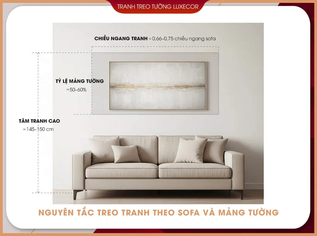 Nguyên tắc treo tranh theo sofa và mảng tường với tỷ lệ chuẩn: chiều ngang tranh ≈ 0,66–0,75 chiều ngang sofa, tâm tranh cao 145–150cm, chiếm 50–60% mảng tường