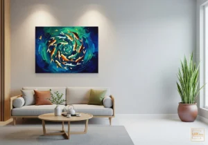 Tranh Cửu Ngư Quần Hội treo phòng khách hút tài lộc.