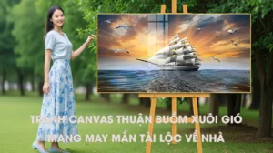 Tranh canvas Thuận Buồm Xuôi Gió treo tường mang may mắn tài lộc, hình ảnh con thuyền ra khơi dưới ánh hoàng hôn