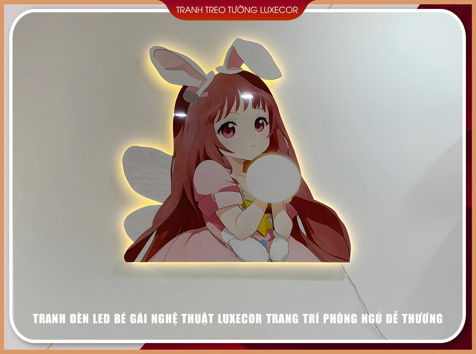 Tranh đèn LED bé gái phong cách chibi anime, ánh sáng vàng hắt viền dịu nhẹ tạo cảm giác ấm cúng cho phòng ngủ trẻ em