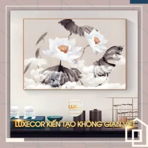 Tranh gương hoa sen trắng Luxecor treo phòng khách hiện đại, tạo điểm nhấn tinh tế và trang nhã