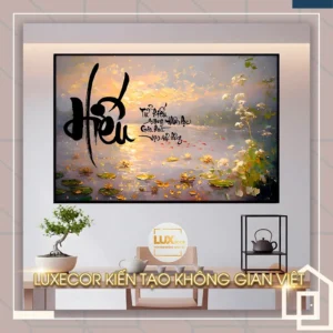 Tranh gương nghệ thuật hoa sen trên hồ nước, thư pháp chữ Hiếu, phong cảnh hoàng hôn, biểu tượng hiếu nghĩa và sum vầy gia đình.