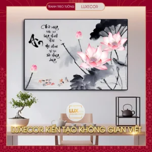 Tranh hoa sen thư pháp tráng gương Luxecor treo tường, thiết kế sang trọng, phù hợp phòng khách, phòng trà và không gian thiền