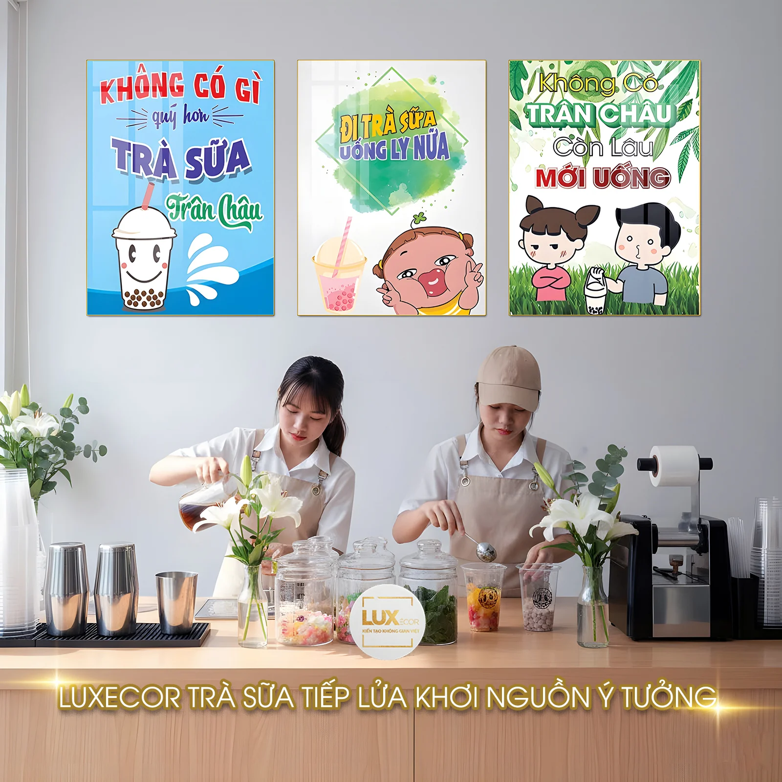 Tranh slogan trà sữa treo pantry văn phòng | Luxecor Bộ tranh slogan trà sữa vui nhộn treo khu pantry văn phòng Luxecor, tạo không khí thư giãn và tăng gắn kết cho nhân viên