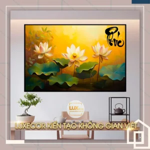 Tranh nghệ thuật hoa sen vàng tinh khôi, thư pháp chữ Cha Mẹ, biểu tượng hiếu nghĩa và tình cảm gia đình thiêng liêng.