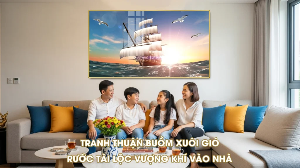 Tranh Thuận Buồm Xuôi Gió treo phòng khách, mang ý nghĩa phong thủy rước tài lộc và vượng khí vào nhà
