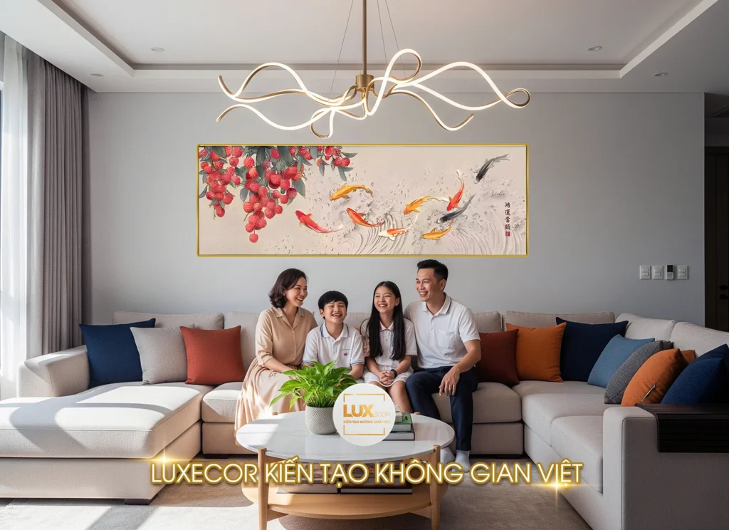 Tranh tráng gương Cửu Ngư Chiêu Tài Dưới Tán Lệ Chi với chùm quả đỏ rực, đàn cá chép vàng đỏ bơi tạo xoáy nước trên nền be sang trọng, hợp phong thủy chiêu tài
