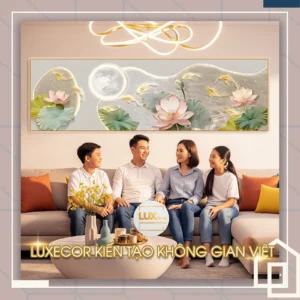 Tranh tráng gương Cửu Ngư Hoa Sen Sen Nguyệt Cát Tường với trăng tròn sáng dịu, cá chép vàng bơi quanh hoa sen hồng, mang ý nghĩa viên mãn và đoàn viên.