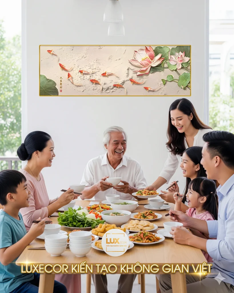Tranh tráng gương Cửu Ngư Quần Hội Sen Hồng với 9 cá chép đỏ cam nổi bật, hoa sen hồng nở rộ, nền be mịn sang trọng treo phòng khách
