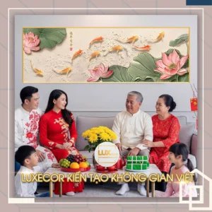 Tranh tráng gương Cửu Ngư Sen Lục An Nhiên với lá sen xanh đậm, cá Koi vàng đỏ bơi lượn hình chữ S trên nền be, mang ý nghĩa an nhiên và sung túc.
