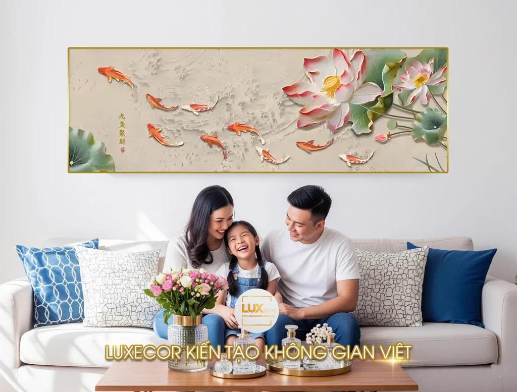 Tranh tráng gương Cửu Ngư Sen Vượng Tài với đóa sen lớn rực rỡ, đàn cá chép đỏ cam bơi lượn, khung viền vàng sang trọng, hợp phong thủy vượng tài