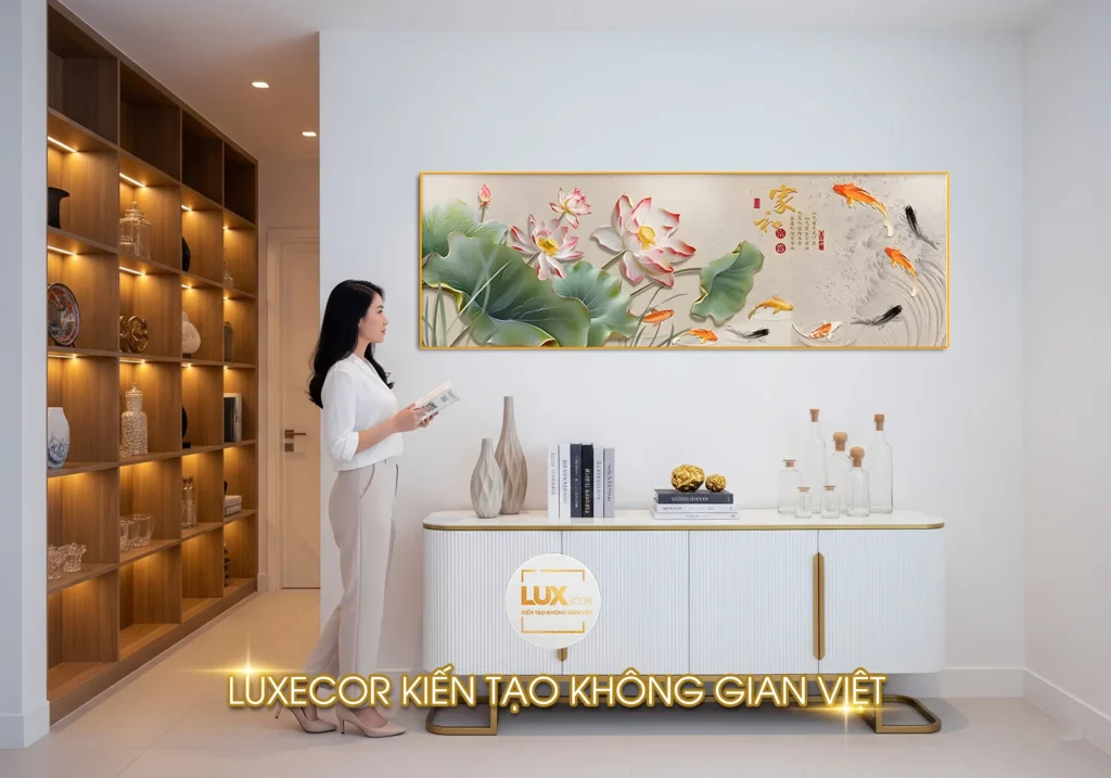 Tranh tráng gương Gia Hòa Cửu Ngư Liên Hoa với hoa sen lớn, cá Koi vàng đen bơi lượn, kết hợp thư pháp cổ sang trọng