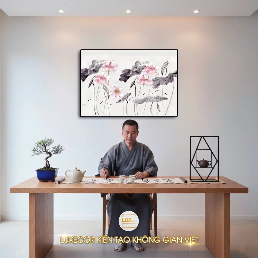 Tranh tráng gương hoa sen hồng Luxecor treo tường, người đàn ông mặc đồ thiền viết thư pháp trong không gian tối giản và tinh tế