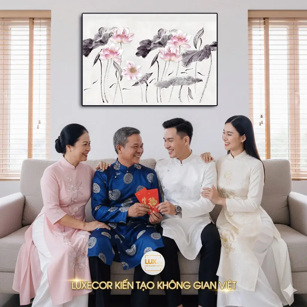 Tranh tráng gương hoa sen sum vầy Luxecor treo tường phòng khách, gia đình mặc áo dài truyền thống quây quần ngày Tết