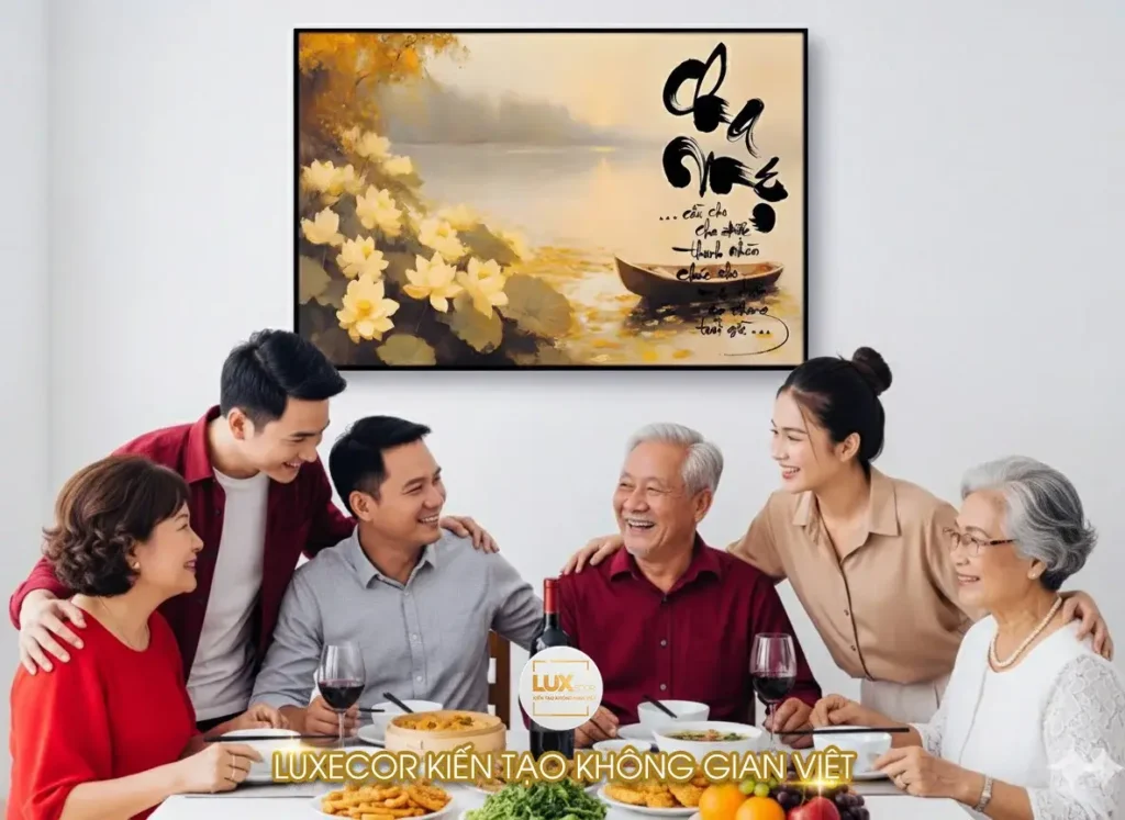Tranh tráng gương hoa sen vàng, thư pháp Cha Mẹ, tôn vinh hiếu đạo và tình cảm gia đình Việt.