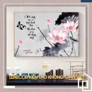 Tranh tráng gương hoa sen thư pháp chữ An Luxecor treo phòng trà, mang đến cảm giác thanh tịnh và an nhiên