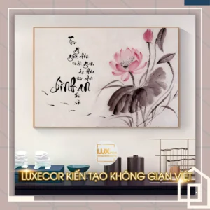Tranh tráng gương hoa sen thư pháp khói trầm Luxecor treo phòng thiền, yoga studio, mang đến sự tĩnh lặng và an nhiên