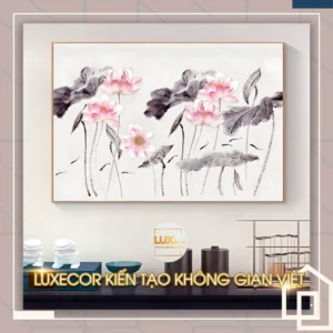 Tranh tráng gương hoa sen thủy mặc Luxecor treo tường rộng, sảnh đón, showroom hay quán trà cao cấp