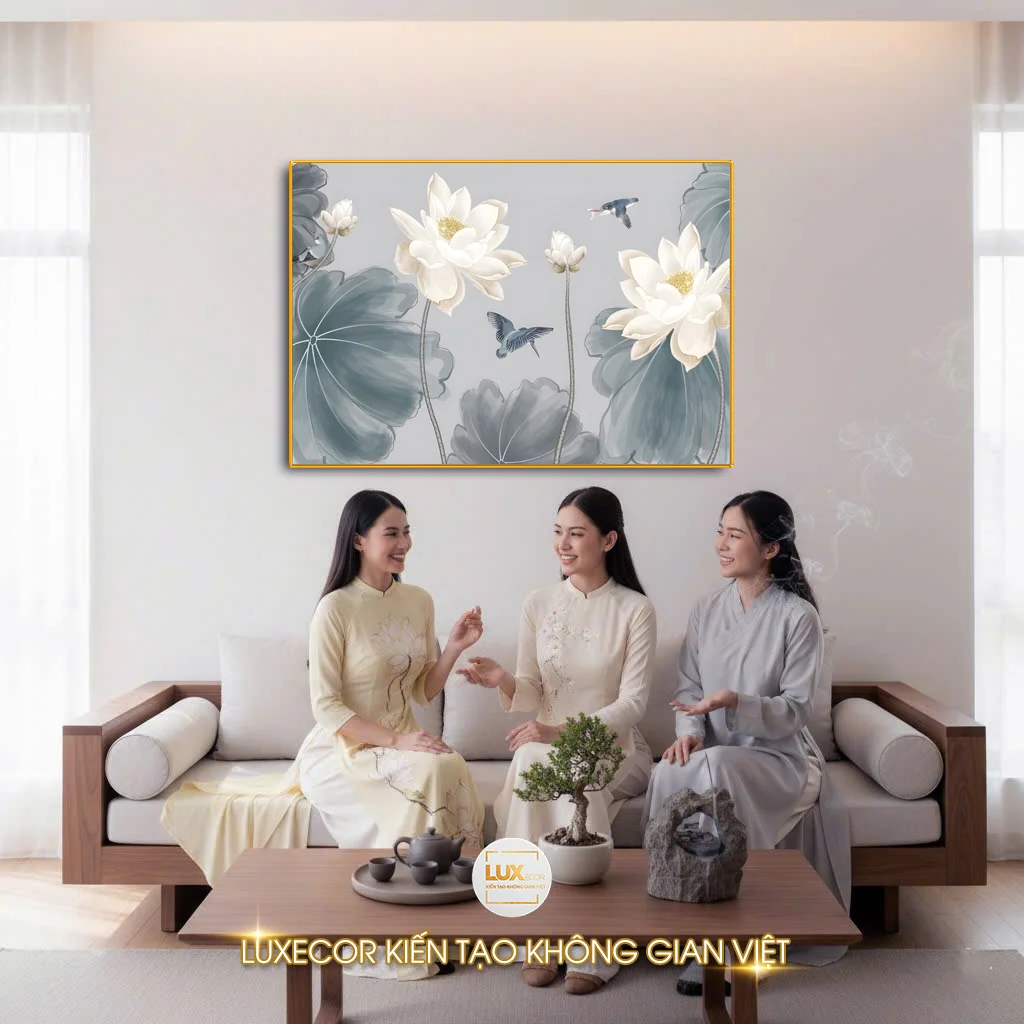 Tranh tráng gương hoa sen vàng Luxecor treo phòng khách, ba cô gái mặc áo dài trò chuyện trong không gian ấm cúng và tinh tế