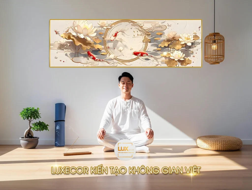 Tranh tráng gương Kim Liên Cửu Ngư Vạn Sự phong cách bán 3D, viền kim hiện đại, cá Koi đỏ trắng bơi quanh hoa sen vàng trắng