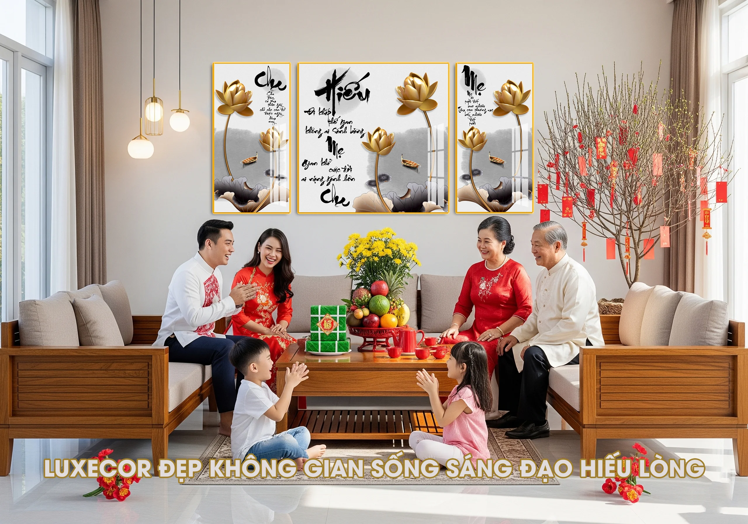 Tranh Tráng Gương Phòng Khách Đẹp - Bộ Tranh Hiếu Thảo Luxecor Gia đình sum vầy ngày Tết bên bộ tranh tráng gương hiếu thảo Luxecor treo phòng khách sang trọng