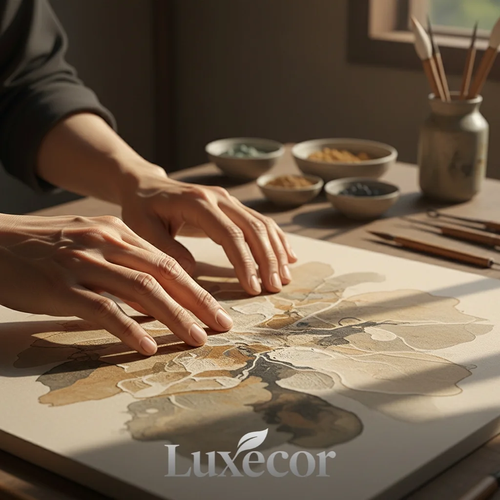 Bàn tay nghệ nhân chạm vào tranh Wabi Sabi, chất liệu cao cấp