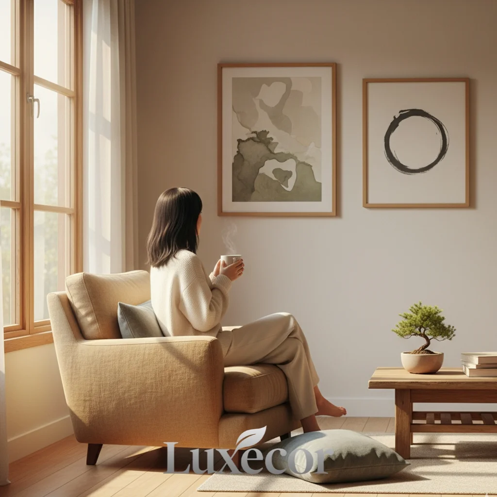 Người ngồi thư giãn trong không gian an yên với tranh Wabi Sabi
