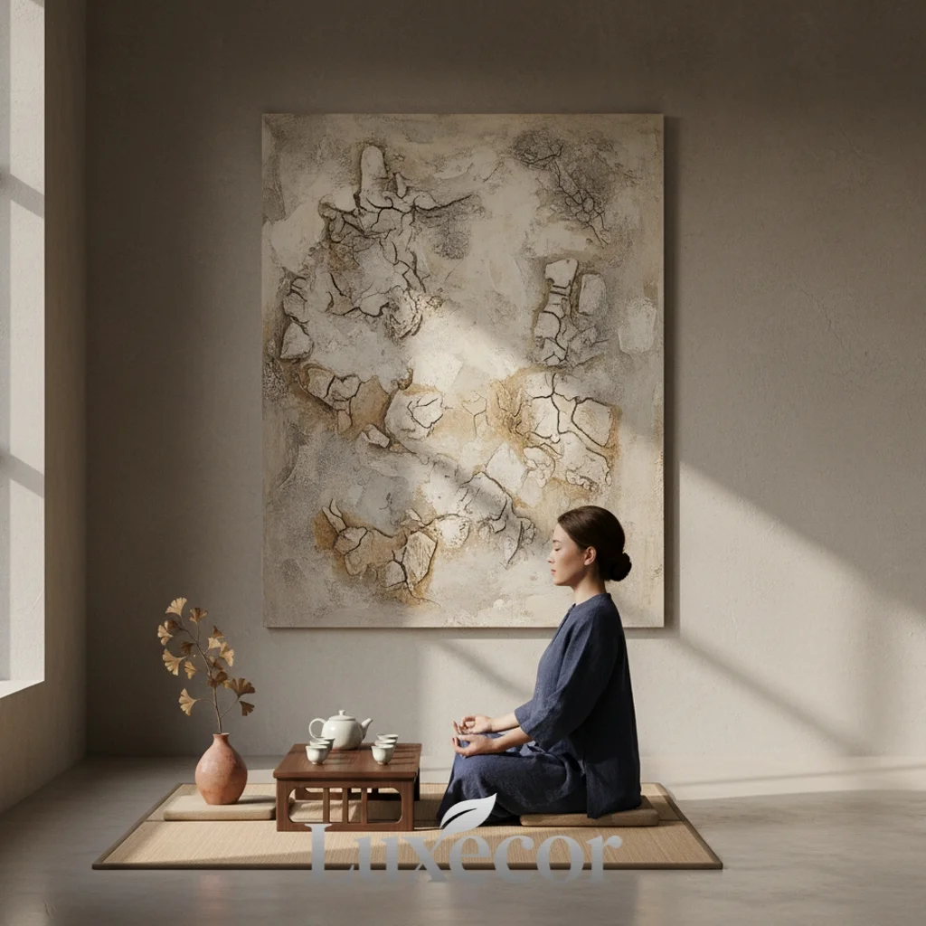 Người ngồi thiền trước tranh Wabi Sabi, không gian tĩnh lặng