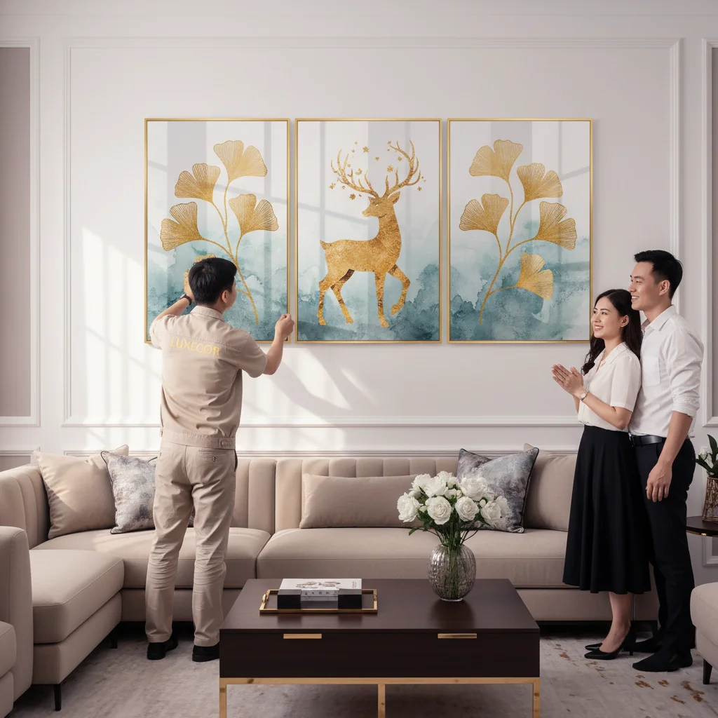 Nhân viên Luxecor lắp đặt bộ tranh tráng gương Hươu Nai 3 tấm màu vàng ánh kim cho khách hàng tại phòng khách sang trọng. Dịch vụ miễn phí giao – lắp đặt tại TP.HCM với đơn hàng trên 2 bộ, mang đến trải nghiệm chuyên nghiệp và thẩm mỹ tinh tế.
