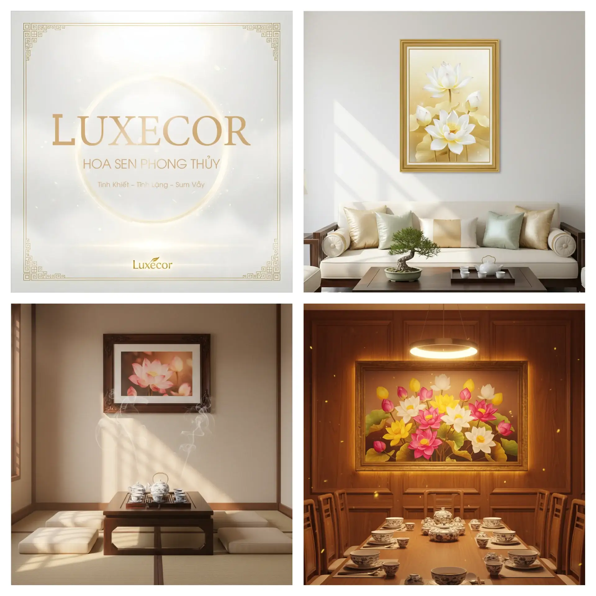 Bộ tranh hoa sen phong thủy Luxecor cho phòng khách, phòng trà và phòng ăn, sang trọng và giàu ý nghĩa.