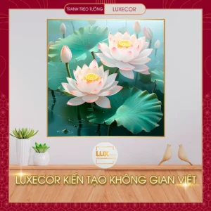 Tranh hoa sen tráng gương Luxecor cao cấp, sang trọng, biểu tượng thanh khiết và phong thủy may mắn cho không gian sống hiện đại