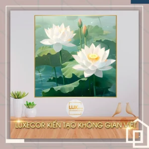 Tranh hoa sen trắng tráng gương nghệ thuật, gợi tình bạn trong sáng, gắn kết tri kỷ trong không gian thưởng trà