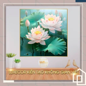 Tranh hoa sen tráng gương nghệ thuật, sang trọng và tinh tế, tạo điểm nhấn phong thủy cho phòng khách hiện đại