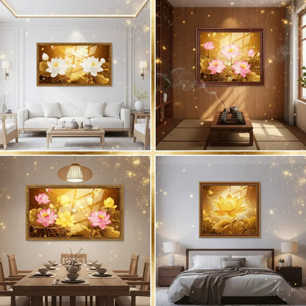 Bộ tranh hoa sen tráng gương phong thủy treo tại phòng khách, trà, phòng ăn và phòng ngủ, sang trọng và tinh tế.