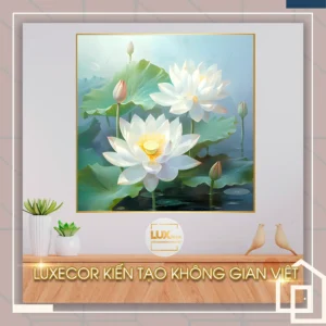 Tranh hoa sen trắng tráng gương sang trọng, phù hợp treo phòng thờ và phòng khách cổ điển, tôn vinh giá trị hiếu nghĩa