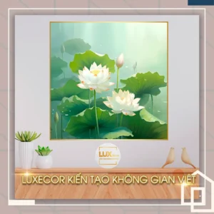 Tranh hoa sen trắng tráng gương tinh khôi, treo phòng trà và không gian thiền, mang lại sự cân bằng và tĩnh lặng
