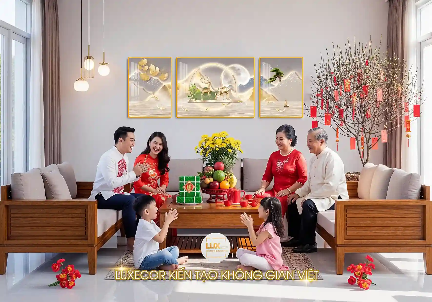 Tranh tráng gương Hươu Vàng Đón Tết Đoàn Viên mang sắc xuân rực rỡ với hươu vàng, lá bạch quả, cây tùng và thuyền buồm hòa quyện cùng không khí ngày Tết. Tác phẩm tượng trưng cho sum vầy, may mắn và tài lộc, phù hợp trang trí phòng khách dịp xuân, giúp lan tỏa năng lượng phú quý và bình an cho gia đình.