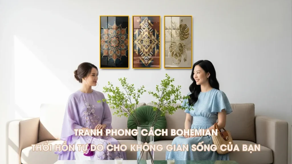 Bộ 3 tranh phong cách Bohemian (Boho) tráng gương bóng loáng với khung viền vàng gold, họa tiết mandala, tribal và lá Monstera, mang đến vẻ đẹp tự do và phóng khoáng cho phòng khách hiện đại.