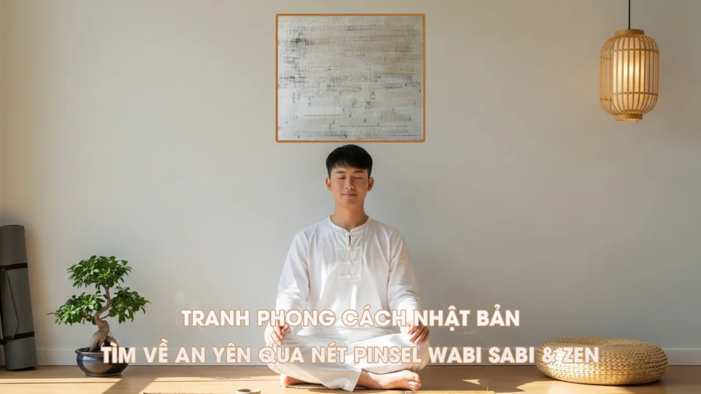 Người Việt ngồi thiền trong phòng khách phong cách Nhật Bản, trên tường là tranh Wabi Sabi tối giản. Ánh sáng tự nhiên chiếu vào không gian gỗ ấm, chậu bonsai và đèn tre tạo nên cảm giác an yên, thanh tịnh. Ảnh mang tinh thần Zen hiện đại do Luxecor thực hiện.