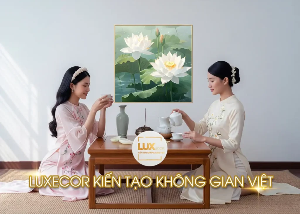 Tranh tráng gương hoa sen tinh khôi, biểu tượng tình bạn và gắn kết trong không gian thưởng trà.