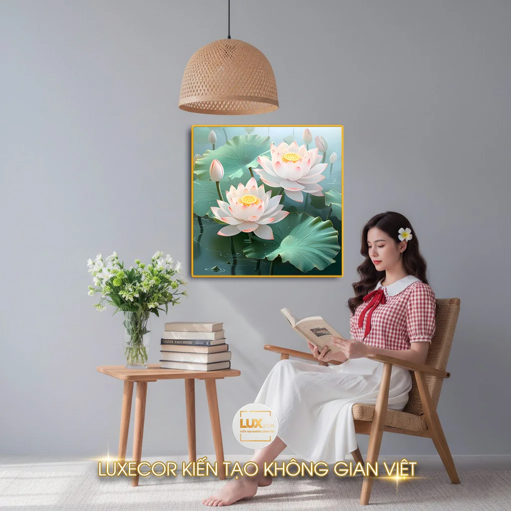 Tranh tráng gương hoa sen hồng treo phòng đọc, mang lại sự thanh tịnh, tập trung và gợi cảm hứng sáng tạo cho không gian học tập.