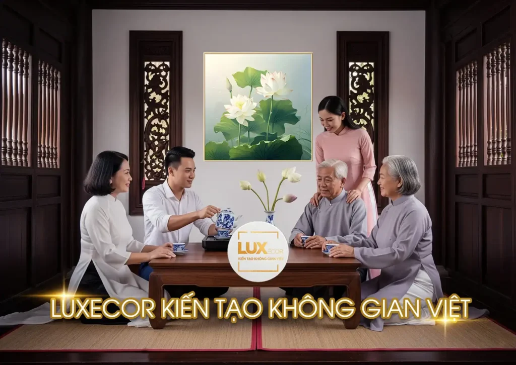 Tranh tráng gương hoa sen chủ đề sum vầy, mang đến cảm giác đoàn viên và gắn kết tình cảm gia đình. Treo trong phòng khách hoặc phòng ăn giúp không gian thêm ấm áp, tạo sự gắn bó và lan tỏa năng lượng hạnh phúc tròn đầy. Đây là mẫu tranh nghệ thuật sang trọng, ý nghĩa phong thủy, phù hợp cho những ai mong muốn xây dựng tổ ấm sum họp, trọn vẹn yêu thương.