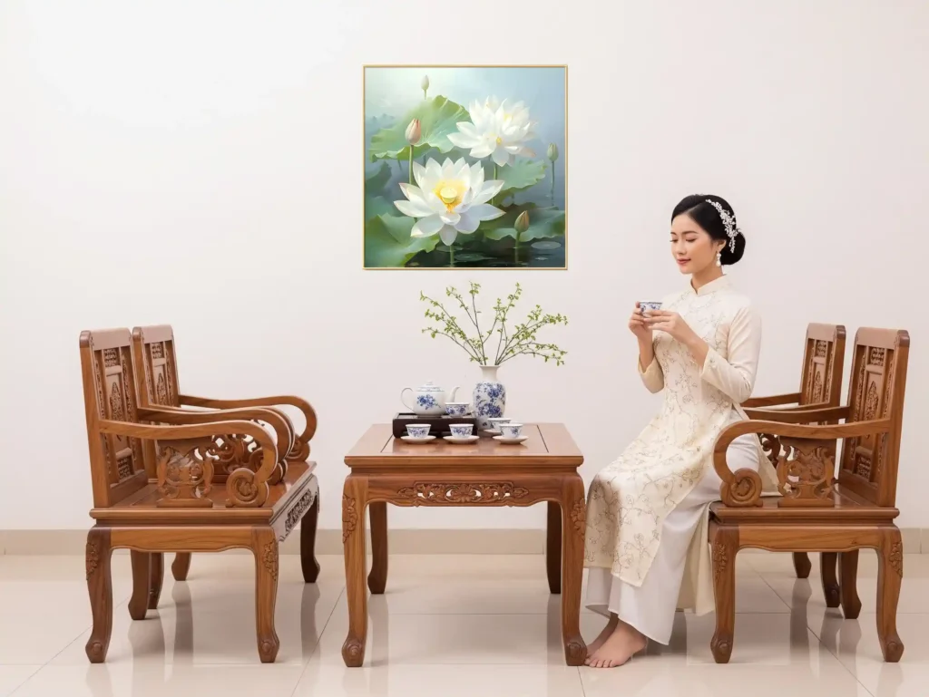 Tranh tráng gương hoa sen trắng tinh khôi, treo trong không gian phòng khách cổ điển và phòng thờ, mang ý nghĩa hiếu nghĩa, thanh sạch và trang nghiêm. Bức tranh vừa thể hiện vẻ đẹp nghệ thuật thanh lịch vừa khẳng định giá trị truyền thống, phù hợp với gia đình yêu thích phong cách sang trọng, chuẩn phong thủy.